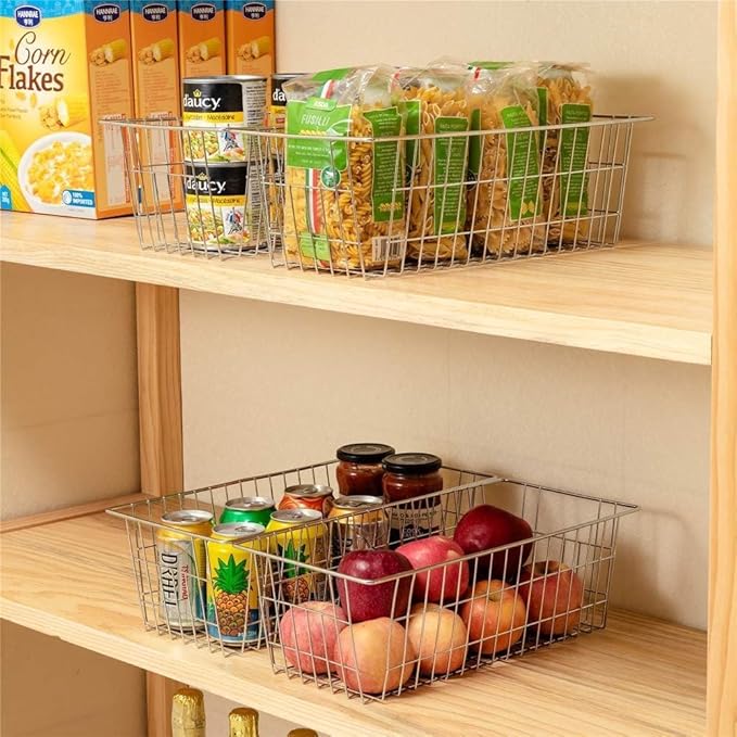 SANNO Freezer Baskets for Storage Pantry Large Metal Wire Food Storage Organizer Bin Basket with Handles - for Kitchen Cabinets, Pantry, Bathroom, Laundry Room, Closets, Garage - Chrome，2 pack - Image 2
