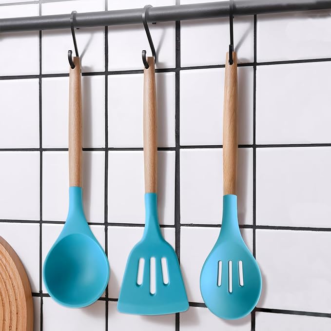 Kitchen Utensils Set 6-Piece Non-Stick Silicone Cooking Utensils Set, Wood Handle Heat Resistant Spatula Spoon Turner Ladle Pasta Server Cooking Kitchen Gadgets BPA Free for Nonstick Cookware - Image 8