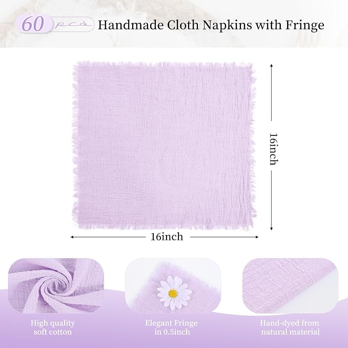 60 Pack Lavender Napkins Cotton Linen Napkin 16 x 16 Inch Handmade with Fringe Soft Lilac Napkins Cloth Washable Rustic Dinner Napkin Cloth for Wedding Party Dinner Table - Image 2