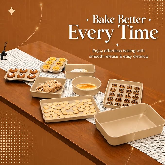 Nonstick Bakeware Set 8 Piece - Stackable Baking Pan Set, Oven safe 450°F, Carbon Steel Baking Set with Muffin, Loaf, Cookie Sheets & Roaster, Easy Storage, BPA-Free (Beige) - Image 4