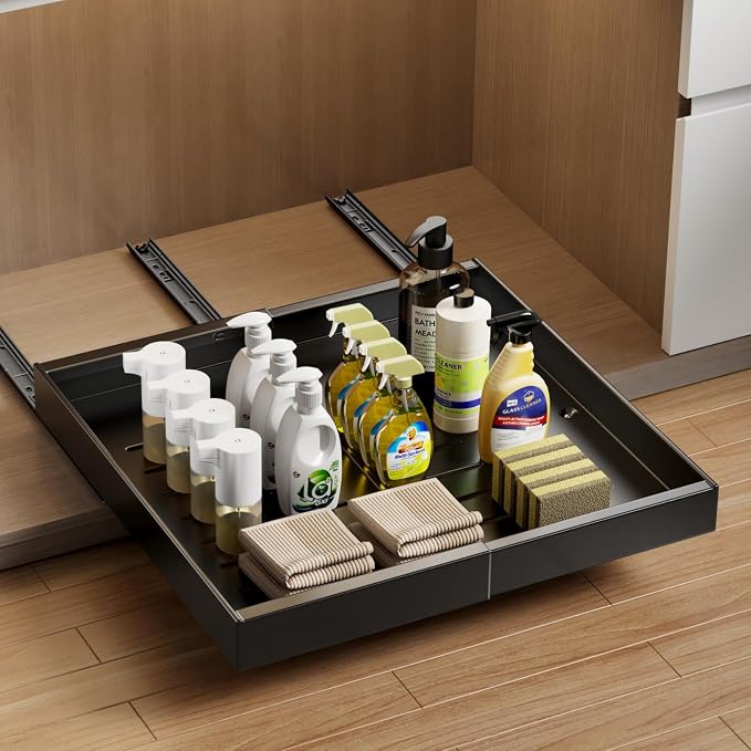 MUSTORN Expandable Pull Out Cabinet Organizer, 21"Deep Slide Out Drawer for Cabinets Adhesive Pull Out Drawers Heavy Duty Pull Out Shelves for Kitchen, Cupboard, Pantry, Bathroom(Black,1-Pack) by MUSTORN
