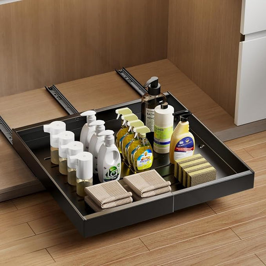MUSTORN Expandable Pull Out Cabinet Organizer, 21"Deep Slide Out Drawer for Cabinets Adhesive Pull Out Drawers Heavy Duty Pull Out Shelves for Kitchen, Cupboard, Pantry, Bathroom(Black,1-Pack) by MUSTORN