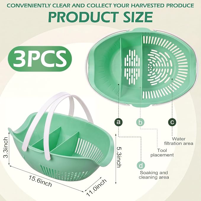 Nuogo 3 Pcs Garden Harvest Basket Removable Partitions with Tool Caddy for Collecting Carrying and Cleaning Harvesting Basket Doubles Colander for Vegetables and Fruits Garden Accessories (Sage Green) - Image 2