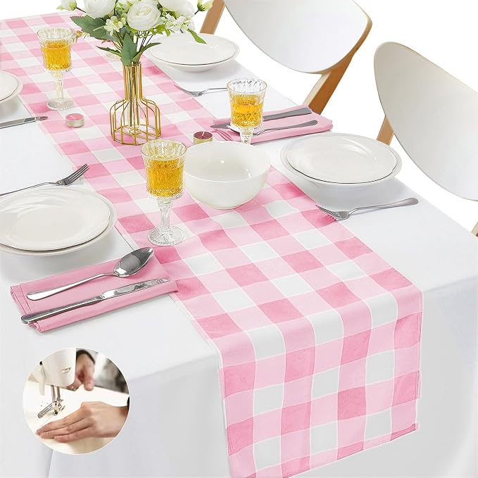 Cupuamon Fabric Checkered Table Runner 6 Pack Waterproof Gingham Table Runner 14W x 108L Buffalo Check Table Runners for Parties Kitchen Dining Wedding Banquet (Pink and White) by Cupuamon