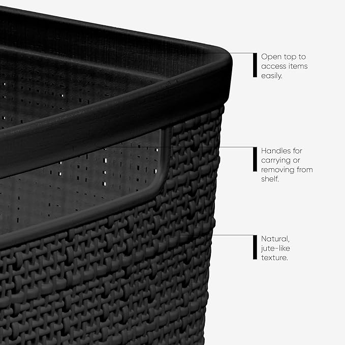 Curver Set of 4 Large 18L Easy Access Jute Decorative Plastic Organization and Storage Baskets - Perfect Bins for Home Office, Closet Shelves, Kitchen Pantry and All Bedroom Essentials, Black - Image 3