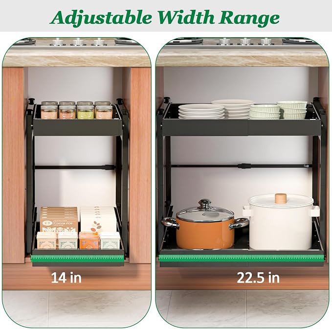 2 Tier Pull Out Cabinet Organizer, 21 inch Depth Slide Out Shelves | Expandable 14"-22.5" Wide, Heavy-Duty Cabinet Drawers for Kitchen Pots, Pans & Pantry Storage, Black - Image 5