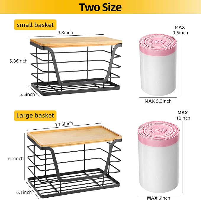 ALOCEO 2 Pack Storage Stackable Kitchen Laundry Organizers with Bamboo Top, Large Trash Bag Holder and Small Garbage Bag Dispenser for Countertop Organization - Image 3