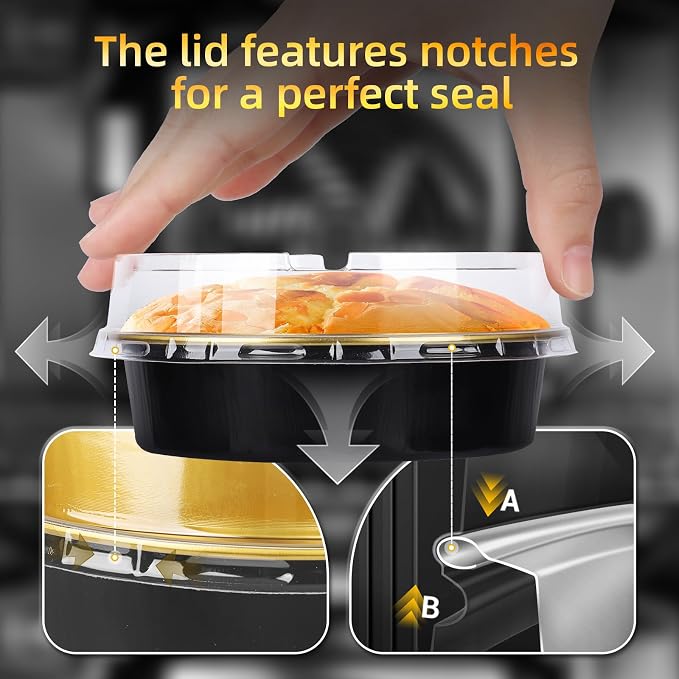 Beasea Disposable Creme Brulee Ramekins with Lids, 120 Pack 4 Inch 8oz Mini Pie Tins Black Gold Mini Small Aluminum Foil Pie Tart Cake Baking Pans Individual Round Containers Oven Safe for Baking - Image 4