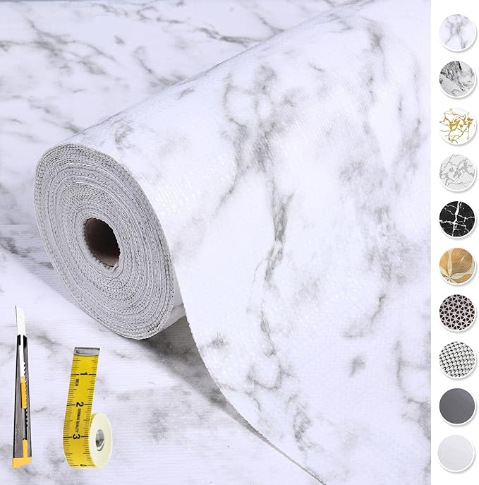 2-Layer Drawer and Shelf Liner for Kitchen Cabinet: 17 in X 39 Ft Non Slip | Waterproof Shelf Paper Non Adhesive Refrigerator Liners White Marble Easy Liners for Bathroom with Knife Tape Measure by Kimhan