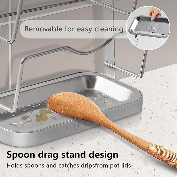 Pot Lid Holder While Cooking, 304 Stainless Steel Pot Lid Organizer and Spoon Rest for Stove top, Multifunctional Pot Lid Rack and Spoon Rest for Kitchen Counter - Image 4