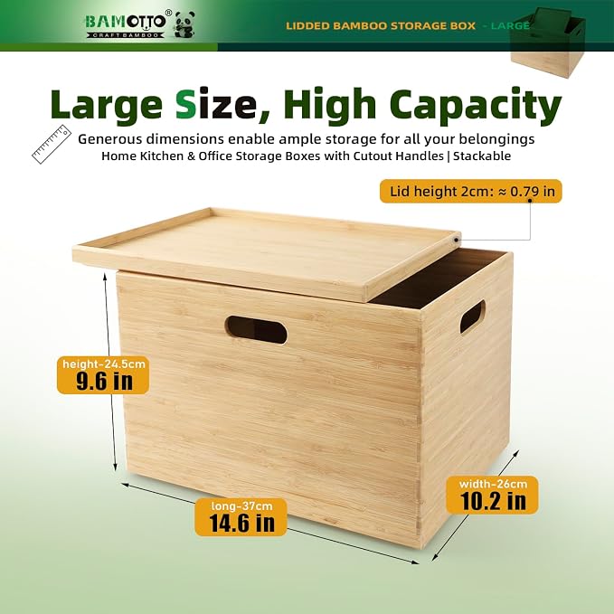 BAMOTTO CRAFTBAMBOO Large Lidded Bamboo Storage Bin 14.6”x10.2”x9.6” | Stackable | Cutout Handles | Natural Bamboo Box Basket for Kitchen Pantry Office Closet, Organize Tableware Toys Crafts Books - Image 2