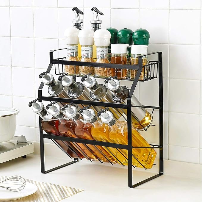 Tomorotec 3-Tier Spice Rack, Metal Kitchen Counter Shelf Organizer, Black | Sturdy Steel Frame with Anti-Rust Coating and Non-Slip Pads for Spices, Oils, Liquor Bottles and Bathroom Essentials by Tomorotec