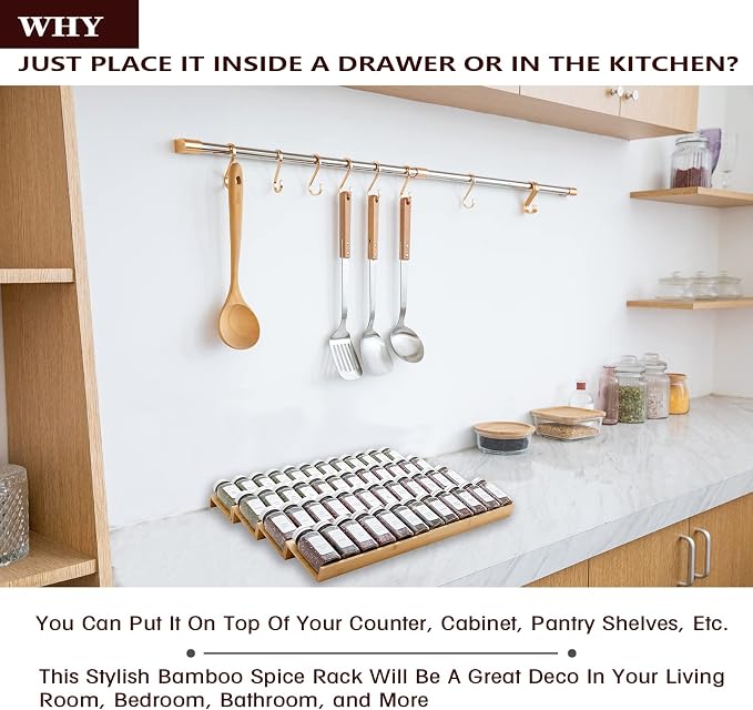 Bamboo Spice Rack Drawer Organizer - 8 Pieces Set- 11" Wide Per Piece - Combine Pieces Into 22" Wide Rack (11" or 22") - Image 6