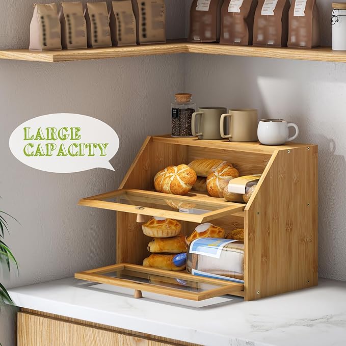BMOSU Farmhouse Bread Box for Kitchen Countertop Bread box Double Layer Bamboo Wooden Extra Large Capacity Bin Kitchen Food Storage Container(Natural) - Image 6
