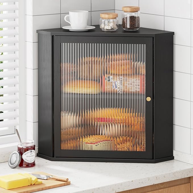 Kitsure Wooden Corner Bread Box for Kitchen Countertop, Large, Black | 2-Tier Bread Container with Magnetic Acrylic Door, Kitchen Counter Organizer for Snacks, Loaves,, Homemade Bread Storage by Kitsure