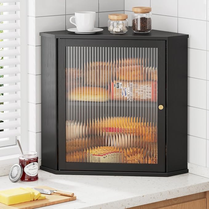 Kitsure Wooden Corner Bread Box for Kitchen Countertop, Large, Black | 2-Tier Bread Container with Magnetic Acrylic Door, Kitchen Counter Organizer for Snacks, Loaves,, Homemade Bread Storage by Kitsure