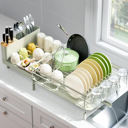 Urackify Extendable Dish Rack, 18.5"-26.7" L x 12.7" W, Soft Celery Green | Multifunctional large dish rack with cup holder and built-in cutlery holder for versatile drying needs by Urackify
