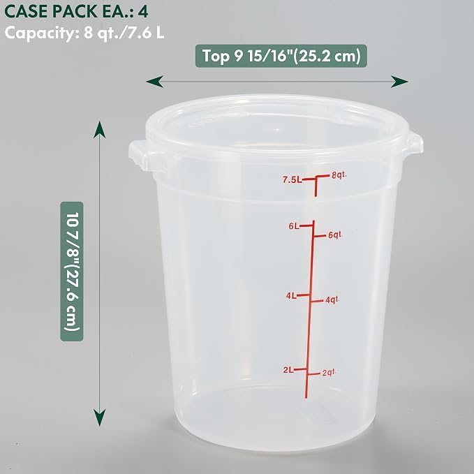 8 Quart Translucent Round Food Storage Container with Lid, Pack of 4 – NSF Listed, BPA-Free, Commercial-Grade Polypropylene, Freezer & Dishwasher Safe, Non-Stick, Easy-Read Graduations - Image 2