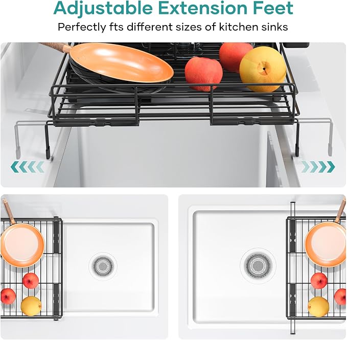 Dish Drying Rack for Kitchen Counter, Extendable Dish Rack with Drainboard, Kitchen Countertop 2 Tier Dish Drying Rack, Expandable Dish Strainer with Cutlery Holder, Removable Cutlery Holder（Black） - Image 4