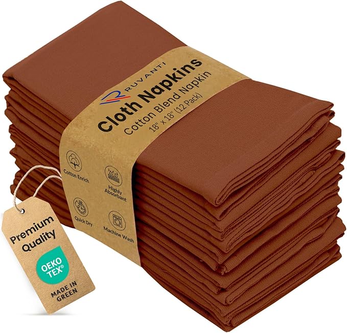 Ruvanti Cloth Napkins Set of 12, 18x18 Inch, Soft & Absorbent Cotton Enrich Dinner Napkins for Hotel, Wedding Parties, Napkins Everyday - Rust by Ruvanti