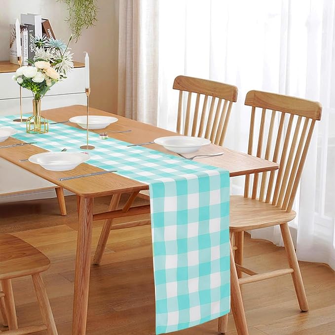 Cupuamon Fabric Checkered Table Runner 12 Pack Waterproof Gingham Table Runner 14W x 108L Buffalo Check Table Runners for Parties Kitchen Dining Wedding Banquet (Aqua and White) - Image 6