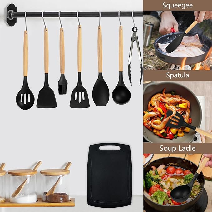 Cooking Utensils Set,19 Kitchen Set Utensils Set with 11 Pieces Spatula Cooking Utensils,Heat Resistant Silicone Utensils 6 Piece Sharp Knife Set 2 Pieces Utensil Cutting Board (Black 19 PCS Set) - Image 2