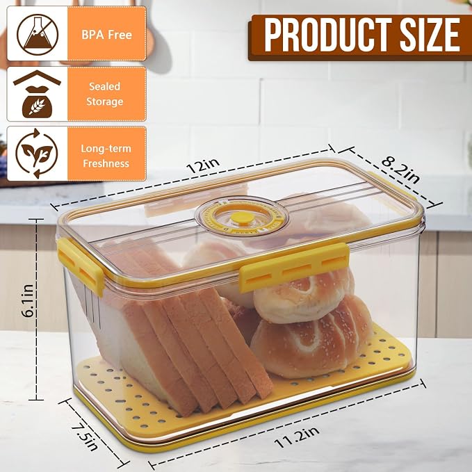 Gifhomfix Bread Box Bread Boxes for Kitchen Counter Airtight, Time Recording Bread Storage Container with Lid, Bread Keeper for Homemade Bread, Toast, Bagel, Donut and Cookies, LARGE Yellow - Image 2