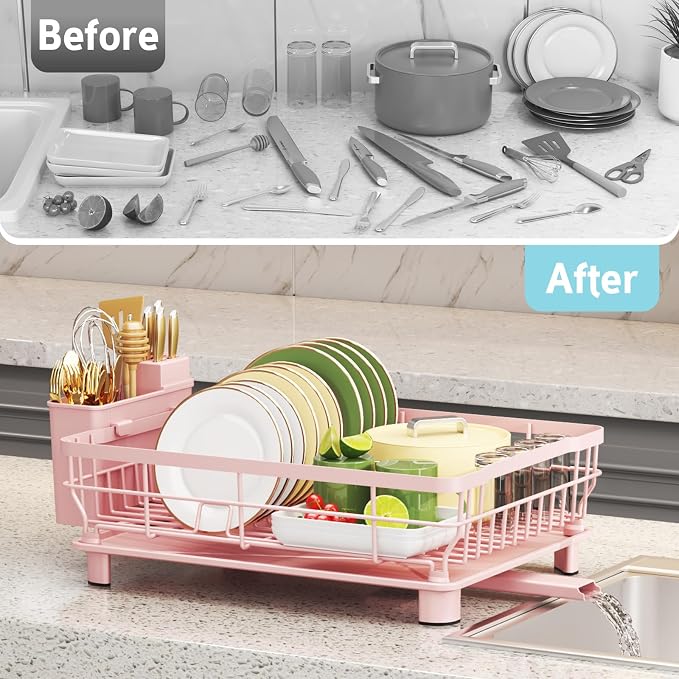 Dish Drying Rack - Space Saving Dish Rack - Dish Racks for Kitchen Counter with Drainboard,Rustproof Dish Drainer with Removable Utensil Holder,Pink - Image 7