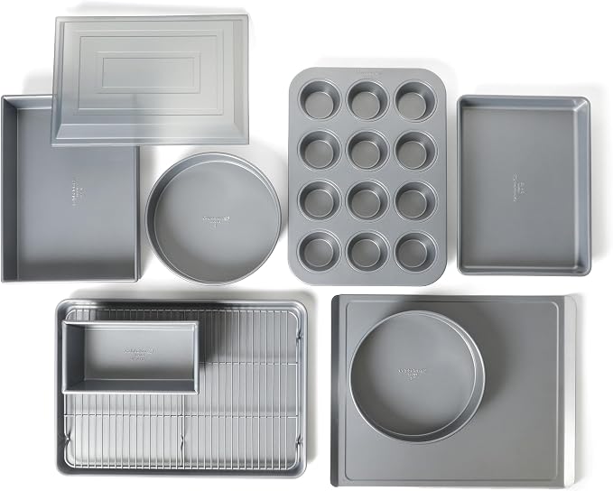 Calphalon Titan 10-Piece Nonstick Bakeware Set, Baking Sheet Set, Steel Core PFA-Free Nonstick Coating, Oven Safe, Includes Sheet Pans, Muffin Pan, Round Cake Pans, Loaf Pan and Cooling Rack - Silver by Unknown