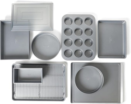 Calphalon Titan 10-Piece Nonstick Bakeware Set, Baking Sheet Set, Steel Core PFA-Free Nonstick Coating, Oven Safe, Includes Sheet Pans, Muffin Pan, Round Cake Pans, Loaf Pan and Cooling Rack - Silver by Unknown
