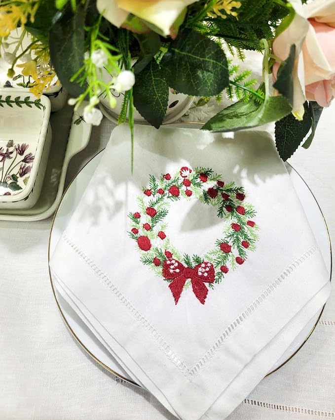 Embroidered Cotton Napkins Christmas 20x20 (Wreath Red Berries Christmas) - Image 7