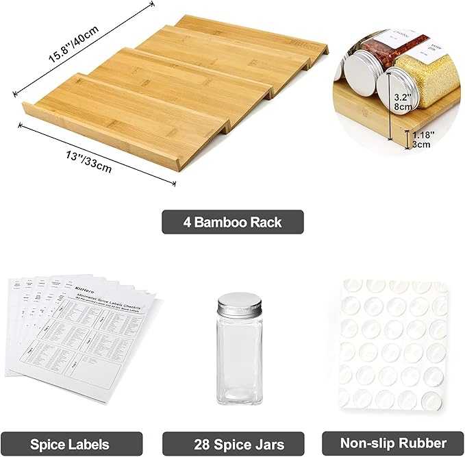 Spice Drawer Organizer with 28 Spice Jars and 216 Labels,Non-slip Rubber, Bamboo 4 Tier Spice Racks Tray Seasoning Containers for Kitchen Drawers,Cabinets,Countertops,13" Wide * 15.8" Deep - Image 3