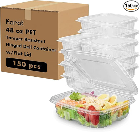 Karat 48oz PET Tamper Resistant Hinged Deli Container [150 ct] - Plastic Clamshell Food Containers, Easy Open Pull-Tab for Restaurants & Takeout by Karat