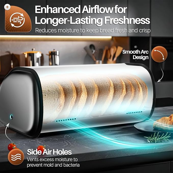 Flexzion Stainless Steel Bread Box for Kitchen Countertop, 13 Inch, Silver | Large Bread Storage Container with Roll-Top Lid, Front Window, Rear Vents, and Room for Bread, Bagels, Muffins, and Pastries - Image 4