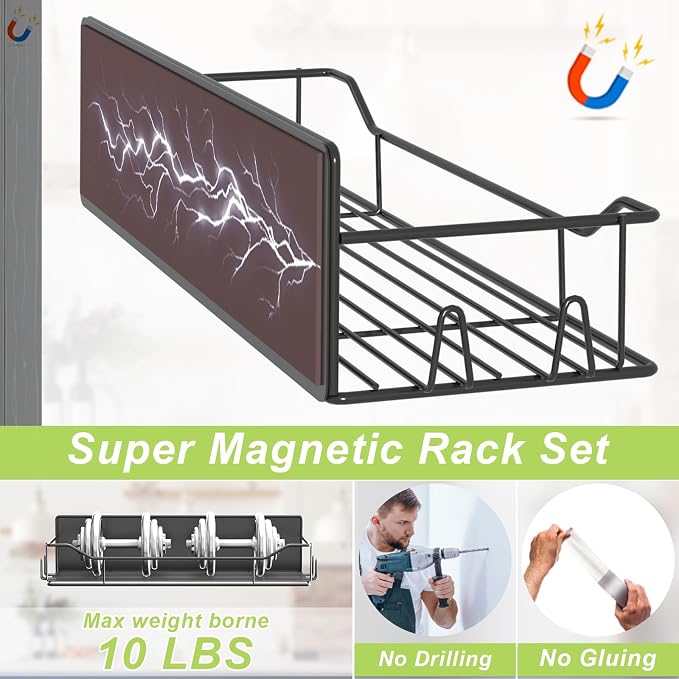 Magnetic Spice Rack for Refrigerator, 2 Pack Strong Magnet Spice Organizer Shelves with Hooks, Magnetic Fridge Shelf for Kitchen Organization and Storage, Seasoning Organizer Gadgets (Black) - Image 3
