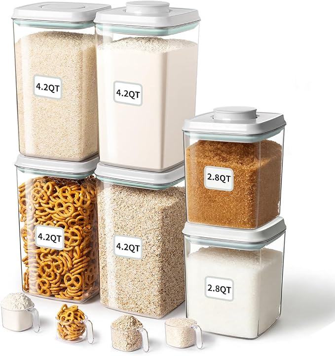 Food Storage Container Sets, 2.8 Qt *2+ 4.2 Qt *4 Airtight Canisters with Lids and 130ml Scoop, BPA-Free Plastic Pantry Containers for Flour, Sugar, Rice by ANKOU