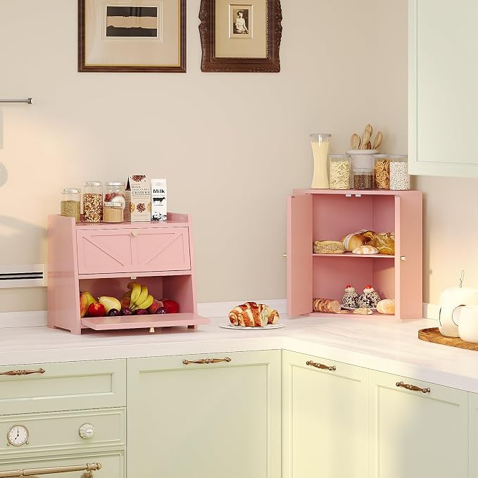 Trironsun Vintage Double Layer Bread Box for Kitchen Counter Bamboo Bread Storage Container Large Capacity Bread Storage Bin (Pink) - Image 4