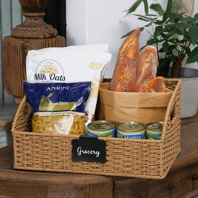 Pantry Organizers, Handwoven Large Wicker Baskets for Shelves & Kitchen, Labeled Storage Baskets for Organizing with Handles - Paper Storage Bins for Shelves, 3 Pack, Natural - Image 8