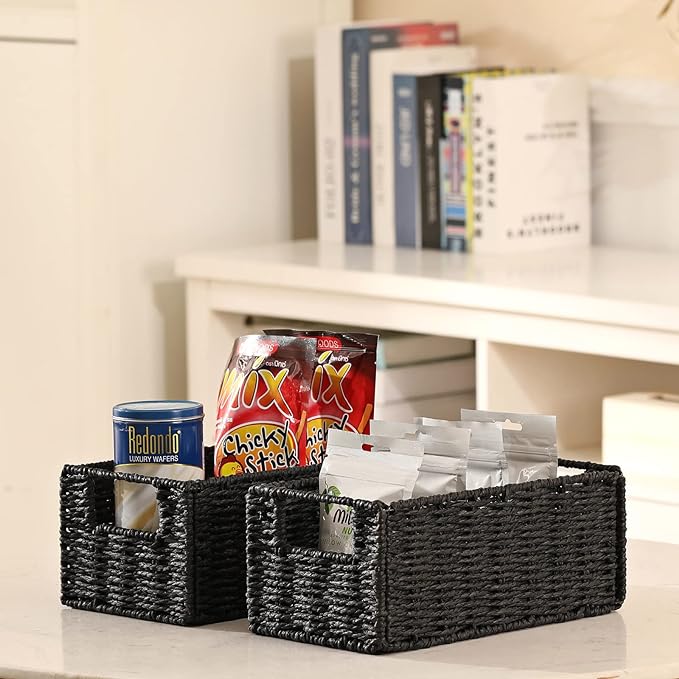 Wicker Baskets for Storage, Set of 4 Hand-Woven Storage Baskets for Shelves, Foldable Cube Storage Baskets Bins with Handles, Small Wicker Baskets for Organizing Pantry Bedroom, Black - Image 5