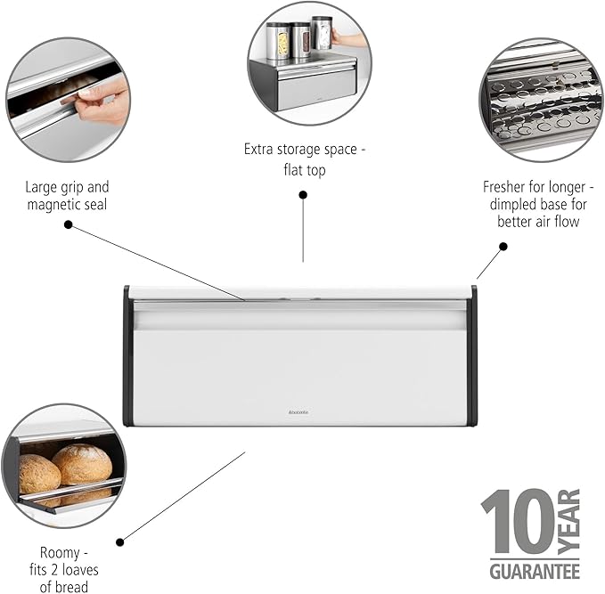 Brabantia Rectangular Fall Front Bread Box | White | Large Metal Front Opening Bread Store for Kitchen Countertop | Flat Top for Extra Storage, Magnet Closing Lid | Fits 2 Loaves - Image 3