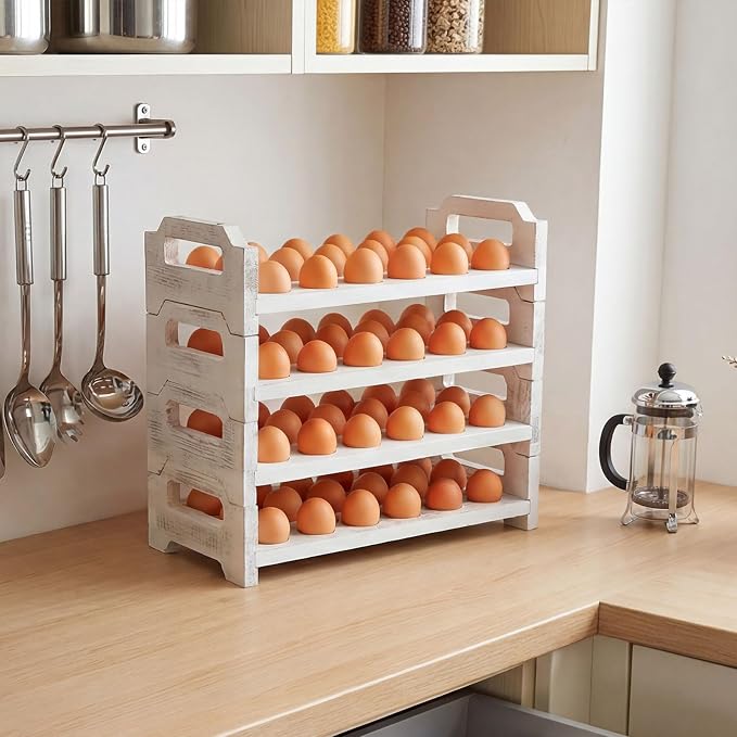 Reallnaive 4 Tier Wooden Egg Holder for Countertop, Stackable Fresh Egg Storage Farmhouse Collecting Rack for Gathering Kitchen Organizer Duck Eggs Display, Stackable with 72 Eggs (White,Pine) - Image 6