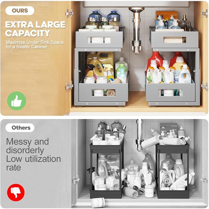 2 Packs 17IN Depth Under Sink Organizer, 2-Tier Pull Out Cabinet Organizer With Smooth Circular Rail, Large Capacity Metal Mesh Sliding Drawers For Bathroom& Kitchen Storage,Height Adjustable–Gun Gray - Image 3