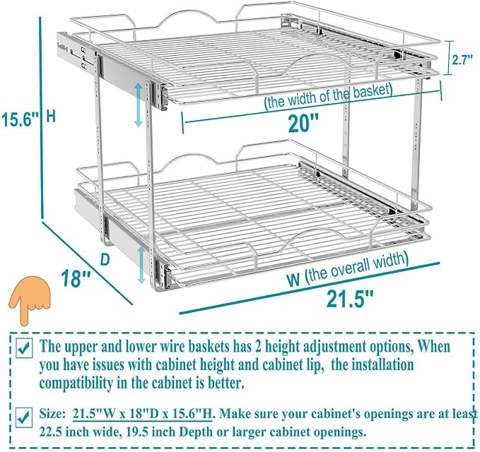 OCG 2 Tier Pull Out Cabinet Organizer (21.5" W x 18" D), Pull Out Shelves for Kitchen Cabinets, Slide Out Pantry Shelves for Base Cabinet Organization in Kitchen Bathroom Pantry, Chrome Finish - Image 2