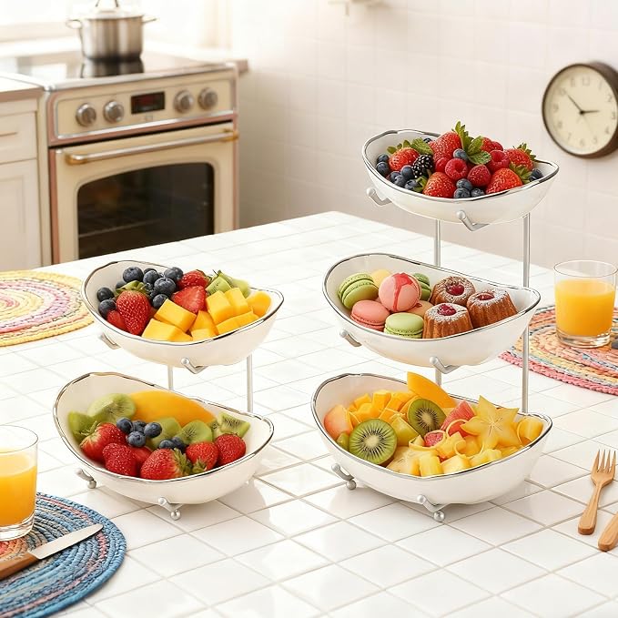 2 Tier Ceramic Fruit Bowl for Kitchen Counter with Metal Rack, Fruit Basket with Stand, Porcelain Bowls for Vegetable Bread Candy Snack Nuts Dessert Cake Tray (Silver 2 layer) - Image 7