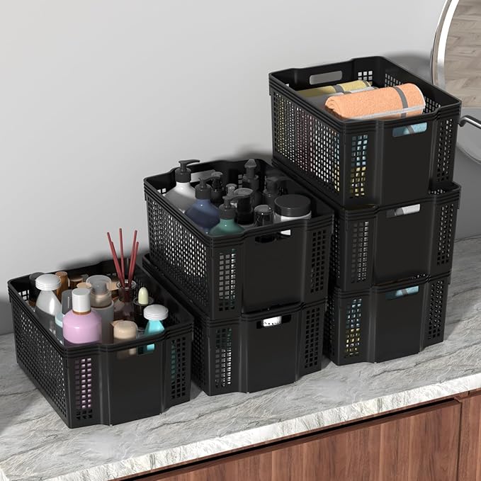 Stackable Woven Plastic Storage Baskets, 6 Pack Container Tote | Shelf Organizer Bins for Pantry and Cabinet, 14.8 x 10.9 x 7.1 in, Nest and Stack, Black - Image 5