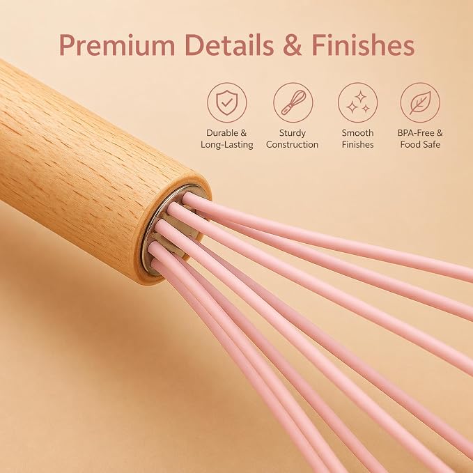 19-Piece Pink Kitchen Utensils Set with Knife Set & Cutting Board - Silicone Cooking Utensils with Wooden Handles, Rose Gold Accents, Scissors, Whisk & Tongs - BPA-Free Pink Kitchen Gift Set - Image 6