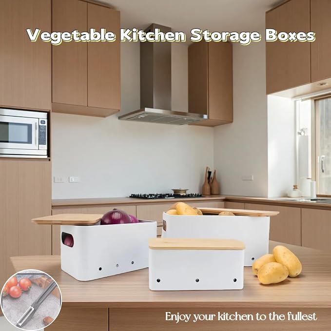 Modern kitchen storage container, stacked metal storage box, 3-piece set with wooden lid design, onion, garlic, potato metal cans, breathable storage box (White) - Image 7