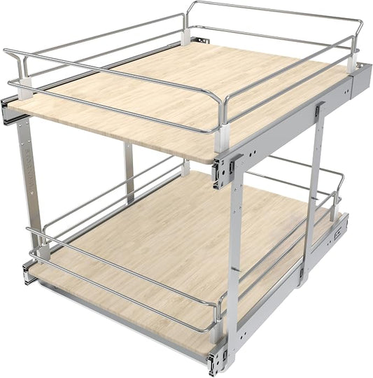 2 Tier Pull Out Cabinet Organizer 17.45" W X 22" D, Wood & Chromed | Full Slide Out Drawers For Kitchen Cabinets, Cabinets Capacity Heavy Duty Caddy, Cabinet Pullout Shelves , Pantry Storage by STORKING