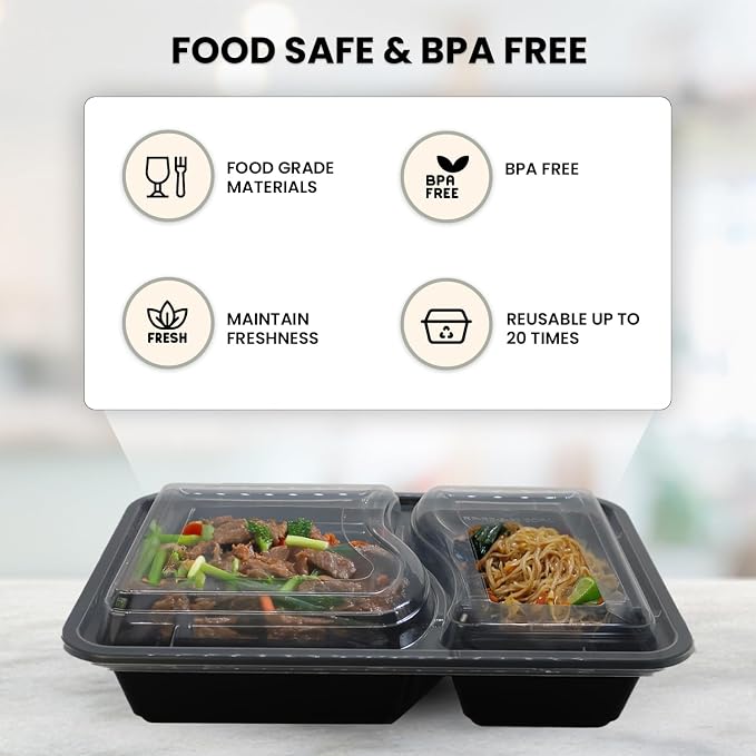 Klex 32 Oz, 150 Sets 2 Compartment Meal Prep Containers with Airtight Lids, BPA Free, Reusable Plastic Food Container, 32 oz, Rectangular, Black/Clear, 150 Sets - Image 3