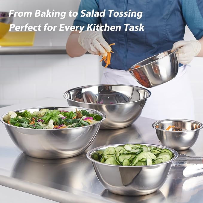 Stainless Steel Mixing Bowls Set of 5, 0.6 to 6 QT | Heavy Duty Nesting Metal Bowls, 0.6, 1.7, 2.9, 4.9, 6 QT, Flat Base, For Baking, Cooking, Salad Mixing & Bread Dough Kneading - Image 6